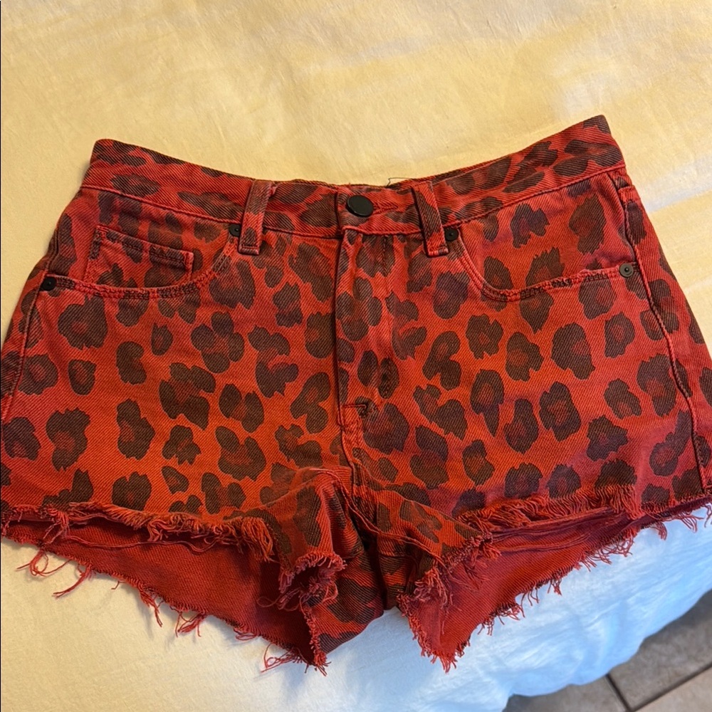 Blank NYC Red Jean Shorts Distressed Leopard Print